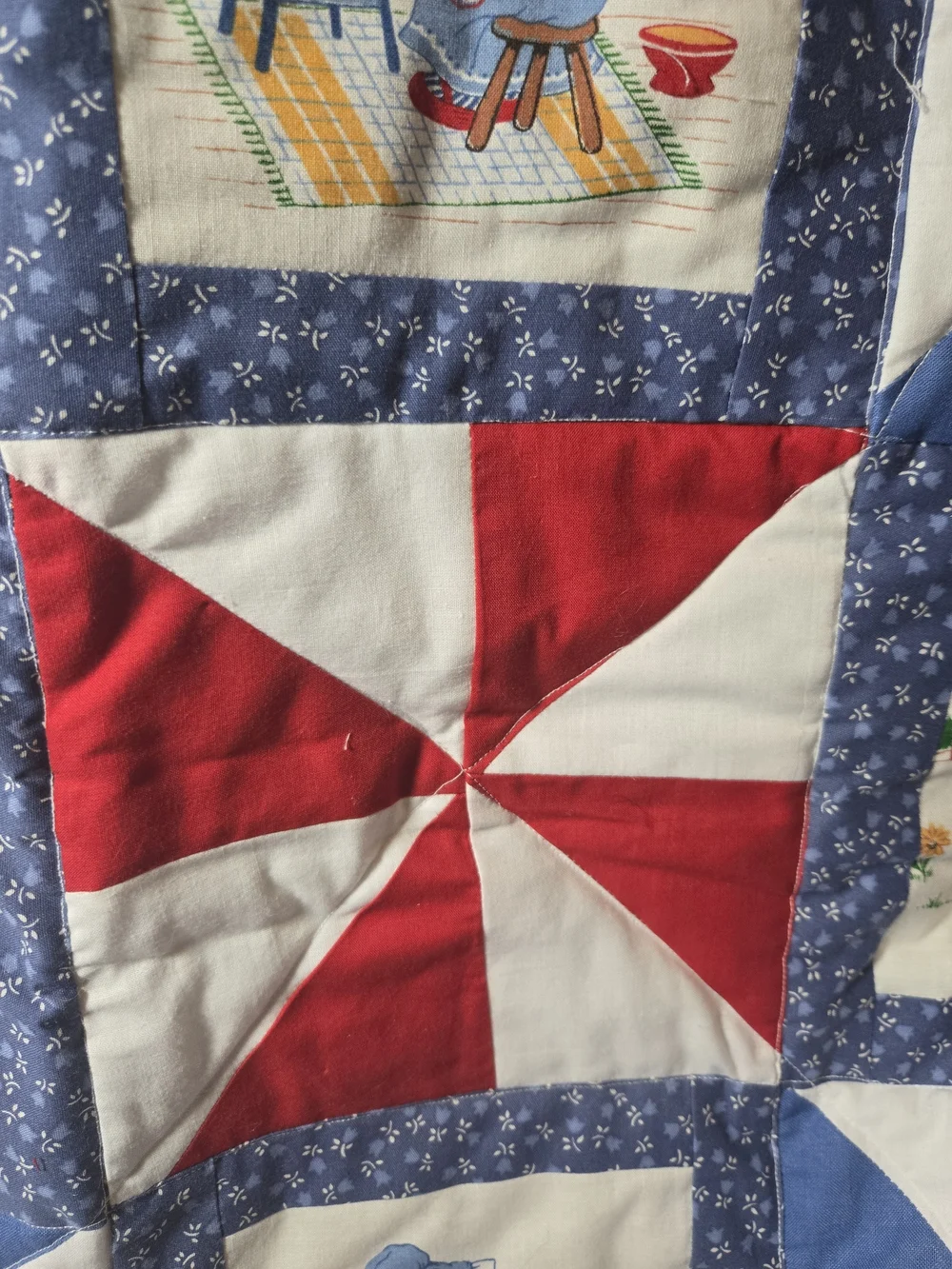 Handcrafted Cotton Patchwork Baby Quilt in Red, Blue & White